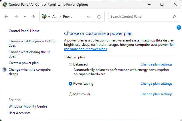 Power plans in the Windows Control Panel.