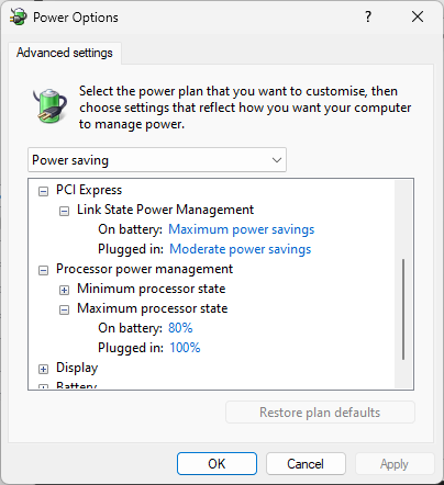 Customizing a power plan in WIndows Control Panel.