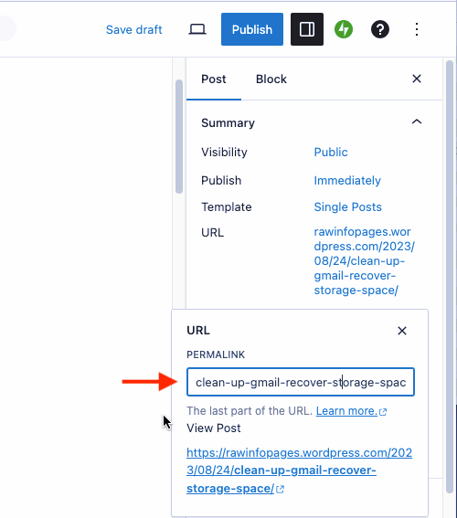 Edit the WordPress post URL before publishing.