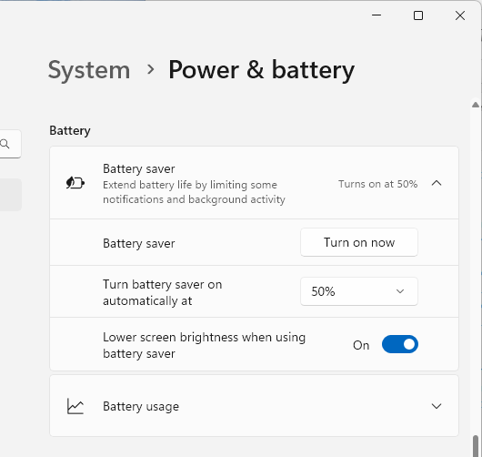 Battery saver settings in WIndows 11 Settings app.