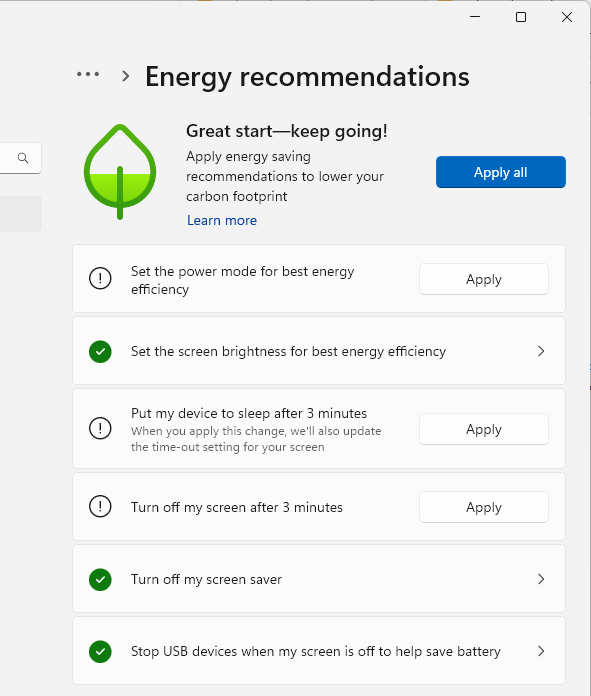 Windows energy saver recommendations in the Settings app.