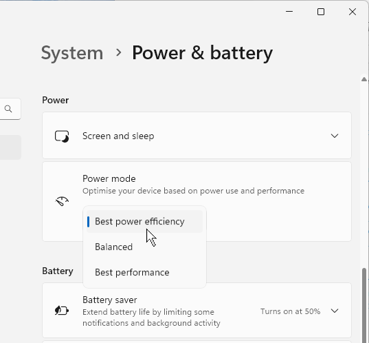 Windows power modes in the Settings app.