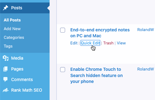 The WordPress posts list and editing options.
