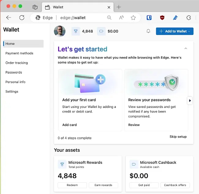 Get started with Microsoft Wallet in Edge browser.