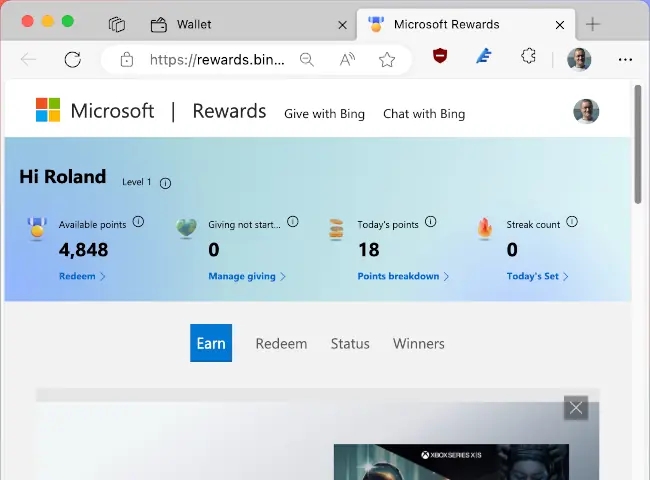 Earn Microsoft rewards points in Edge browser.