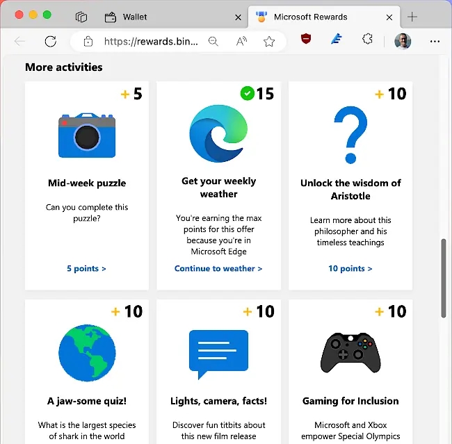 Earn extra Microsoft rewards points with activities.