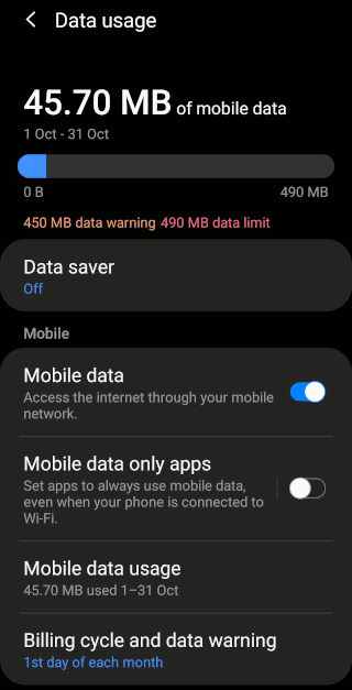 Android settings Data usage on an Android phone