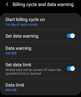Android settings Data usage on an Android phone