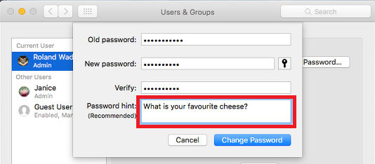 Set a password hint for your account in OS X on the Apple Mac