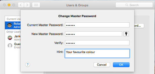 Set a hint for the master password in OS X on the Apple Mac