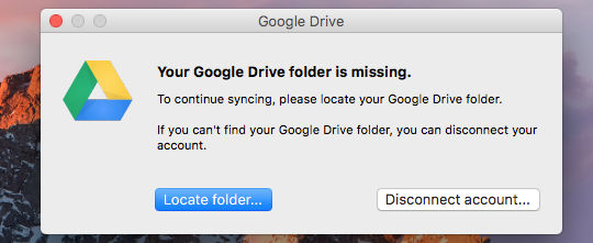 Google Drive Error on the Apple Mac - can't find Google Drive folder
