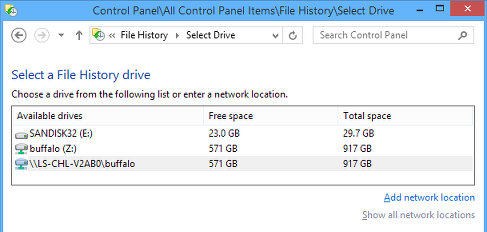 Select a drive in File History