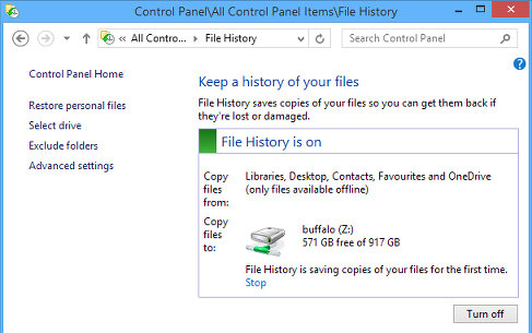 File History in the Control Panel