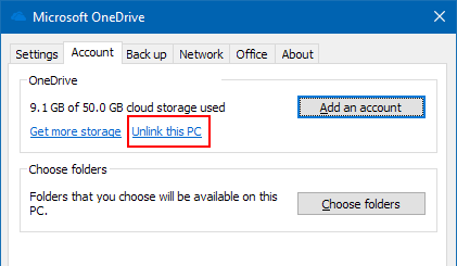 Unlink OneDrive on a Windows PC