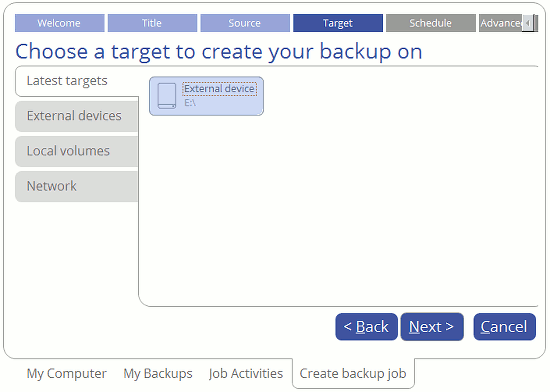 Select the target for the backup using Paragon Backup and Recovery 16