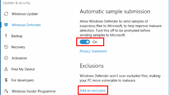 Windows Defender settings