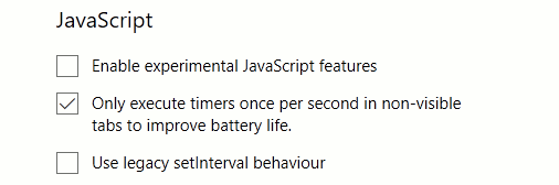 The about:flags hidden settings in Edge browser in Windows 10