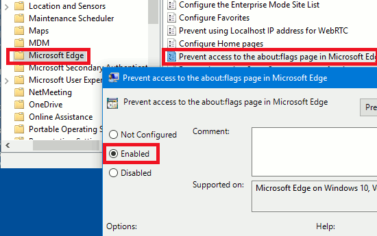 Use the Group Policy Editor in Windows 10 to block access to Edge about:flags