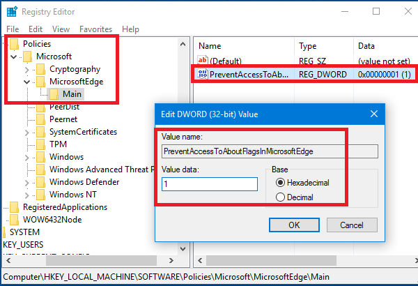 Use the registry editor in Windows 10 to block access to Edge about:flags