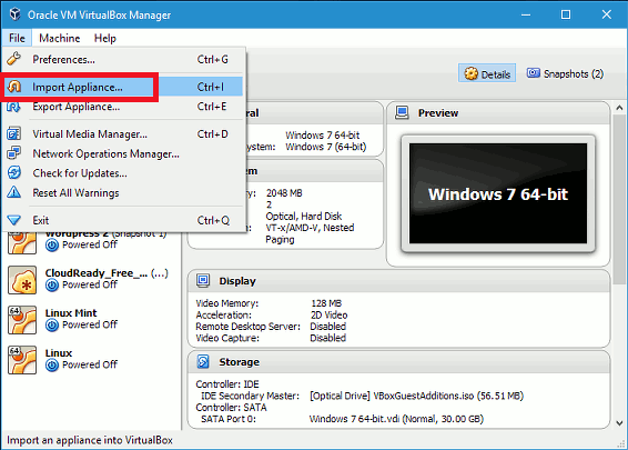 Import a virtual machine into VirtualBox