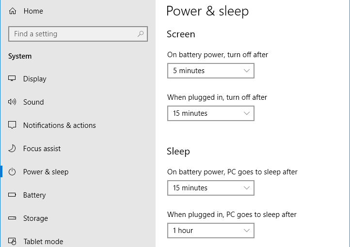 Power and sleep settings in the Windows 10 Settings app