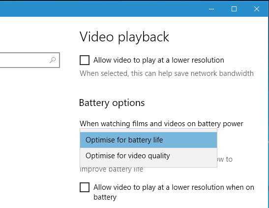 Options for playing videos when using battery power in Windows 10