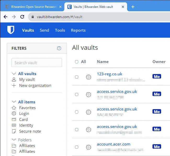 Bitwarden password manager website.