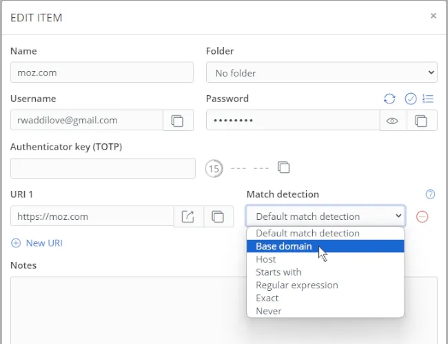Bitwarden URL matching options for logins.