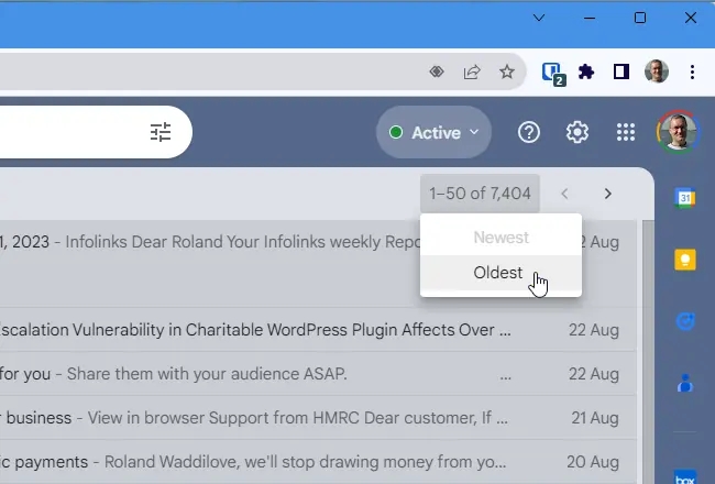 Select the sort order for emails in Gmail inbox.