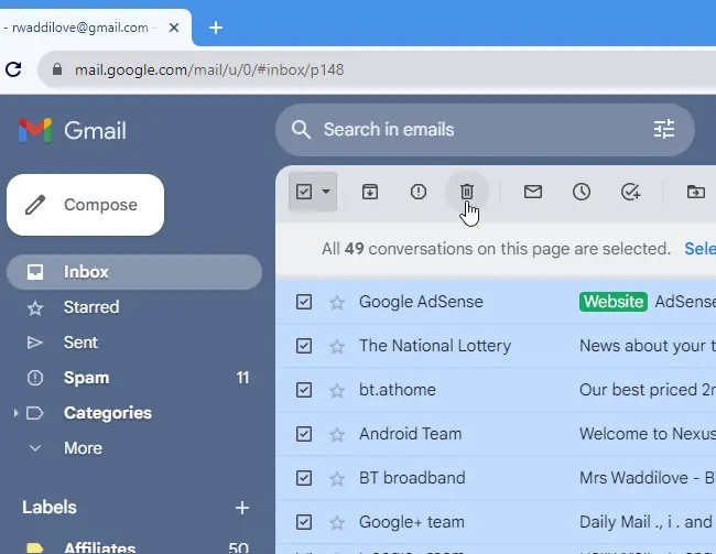 Delete selected emails in Gmail.