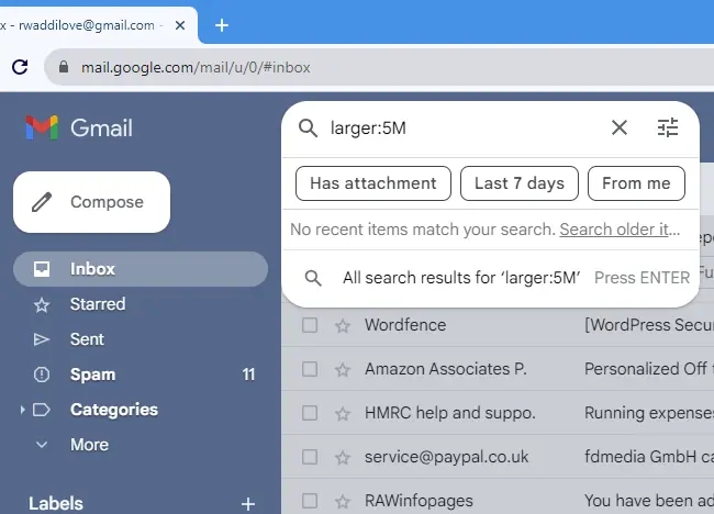 Search for large emails in Gmail.