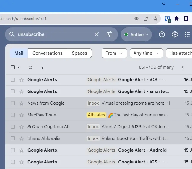 Search for 'unsubscribe' to view newsletters.