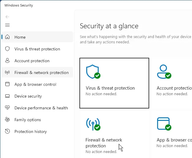 Windows Security app home screen.