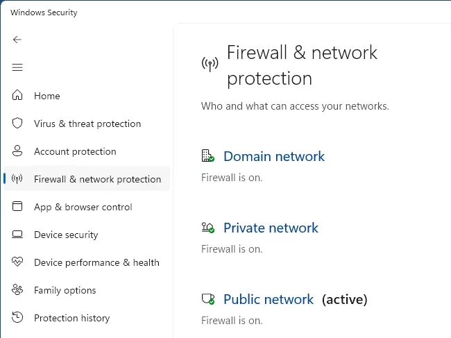 Firewall status in the Windows Security app.