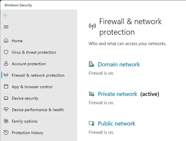 The active firewall mode in the Windows Settings app.