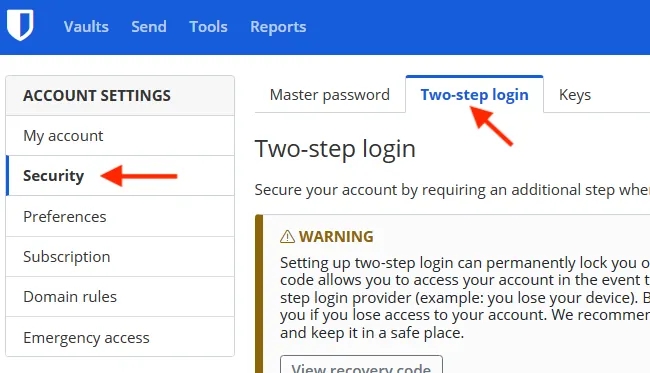 Bitwarden security options in your account.