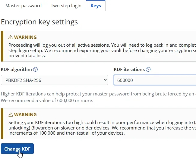 Increase the iterations in Bitwarden to increase security.