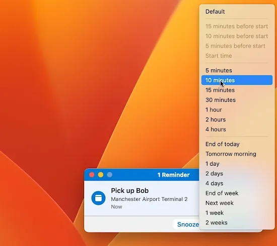 Snooze options with Outlook event notifications.