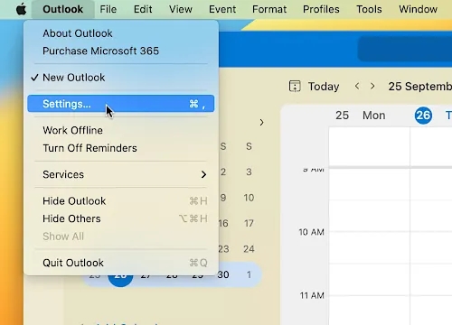 Outlook menu on the Apple Mac.