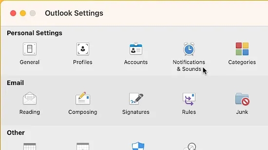 Outlook settings on the Apple Mac.