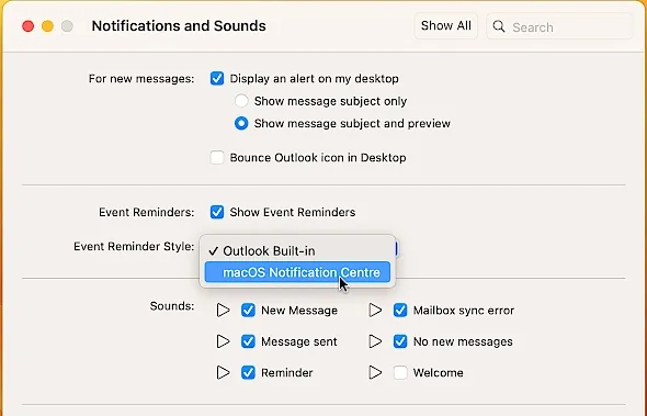 Outlook settings and event notification style.