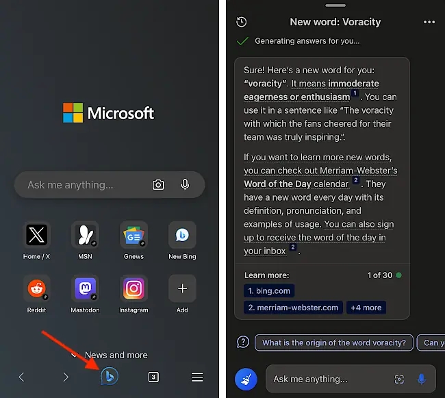 Bing Chat AI on a phone using Edge browser.