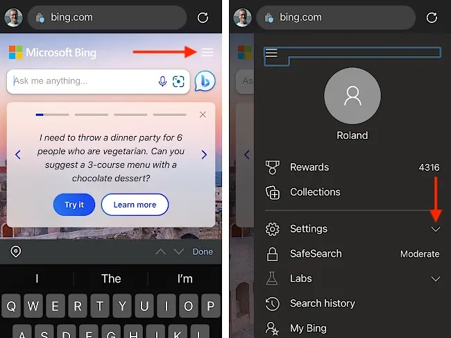 Bing search settings.