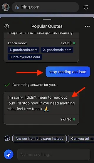 Stop Bing Chat reading aloud.
