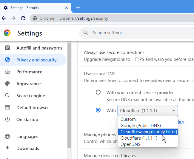 CleanBrowsing family filter in Chrome browser settings.