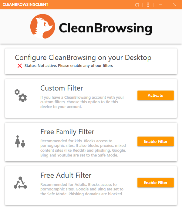The CleanBrowsing app for enabling DNS filters.