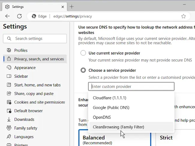 CleanBrowsing family filter in Edge browser settings.