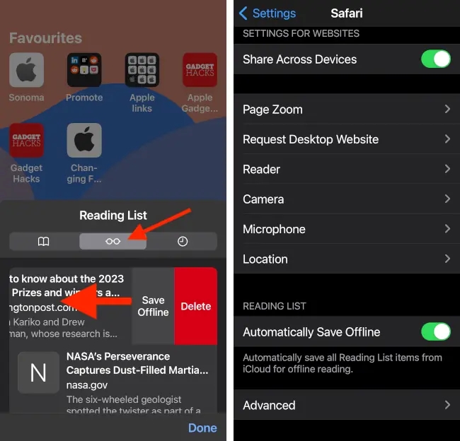 Manage the reading list in Safari on the iPhone.