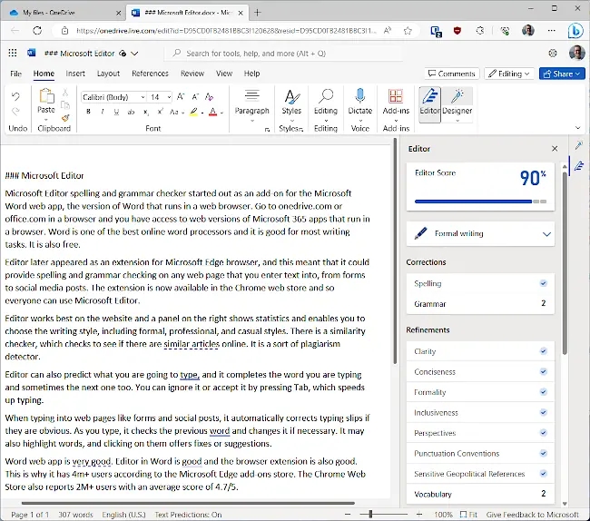 Microsoft Word web app and Microsoft Editor spelling and grammar checker.