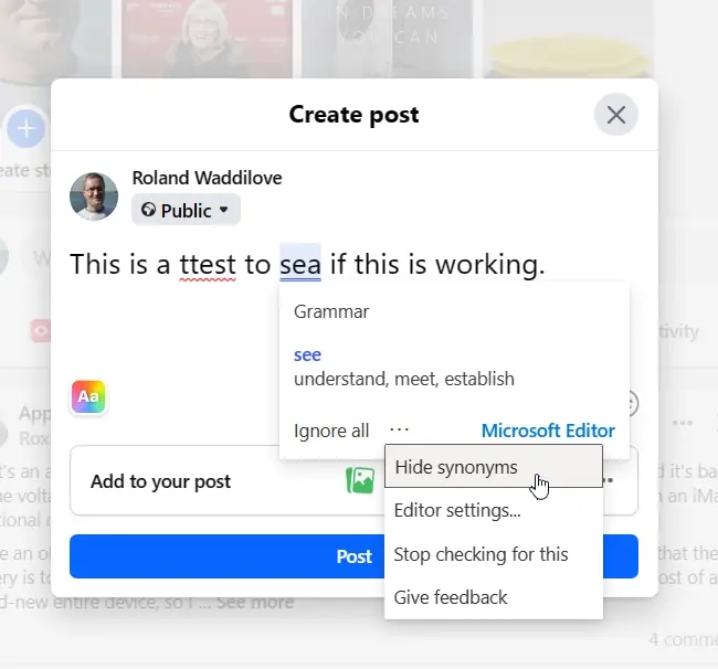 Microsoft Editor checks writing in social posts.